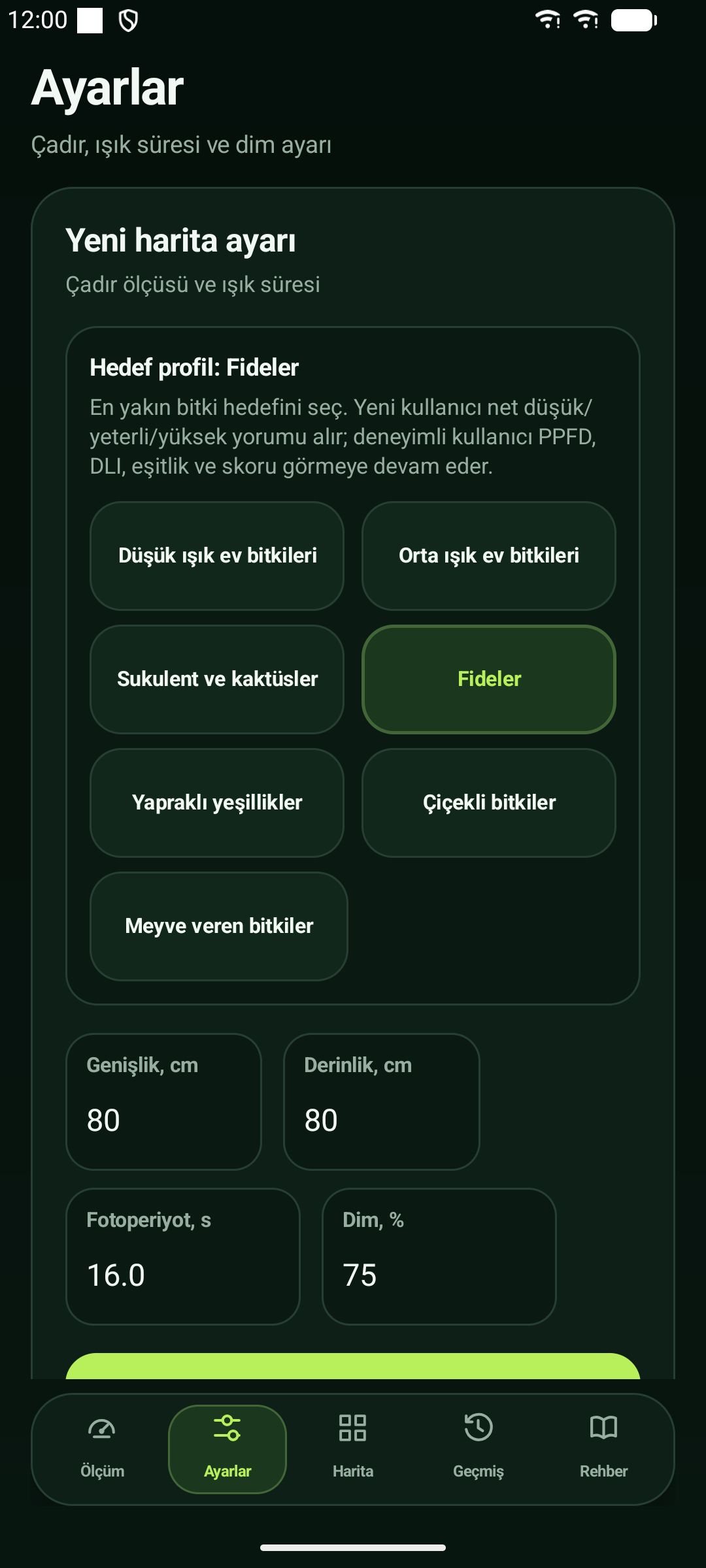 CanopyLight alan boyutu, fotoperiyot, dim seviyesi ve bitki profili ayarları
