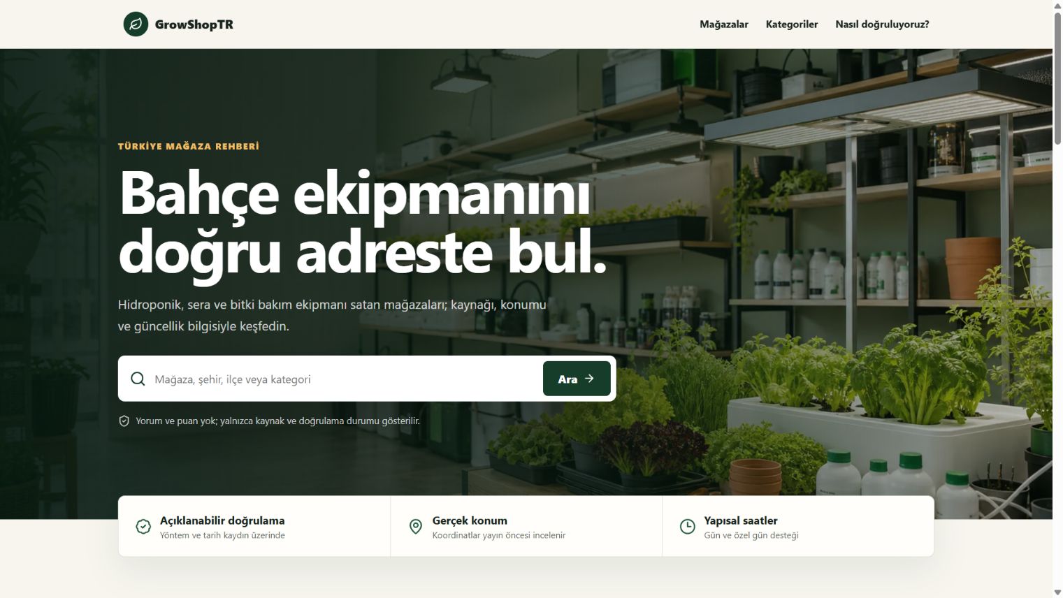 GrowShopTR canlı ana sayfasında mağaza arama alanı