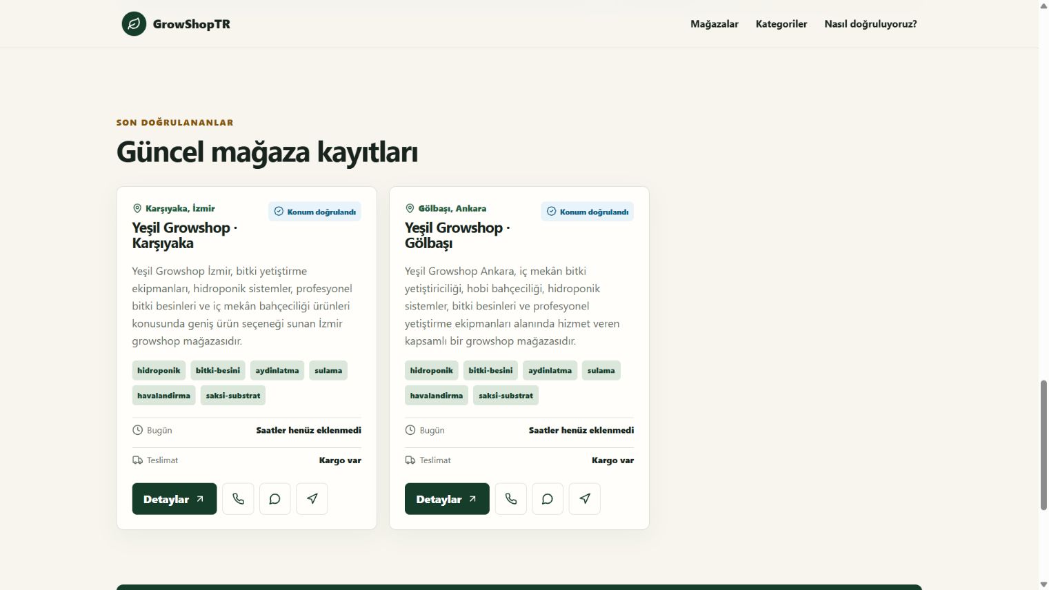 GrowShopTR canlı ve doğrulanmış mağaza kartları