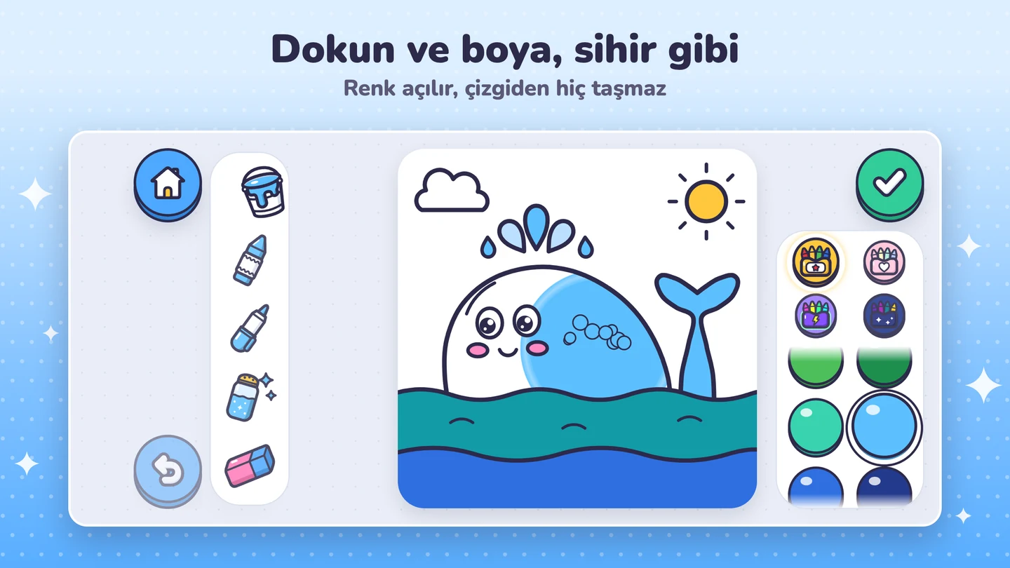 Kalemo’nun gerçek boyama ekranında renklenen balina